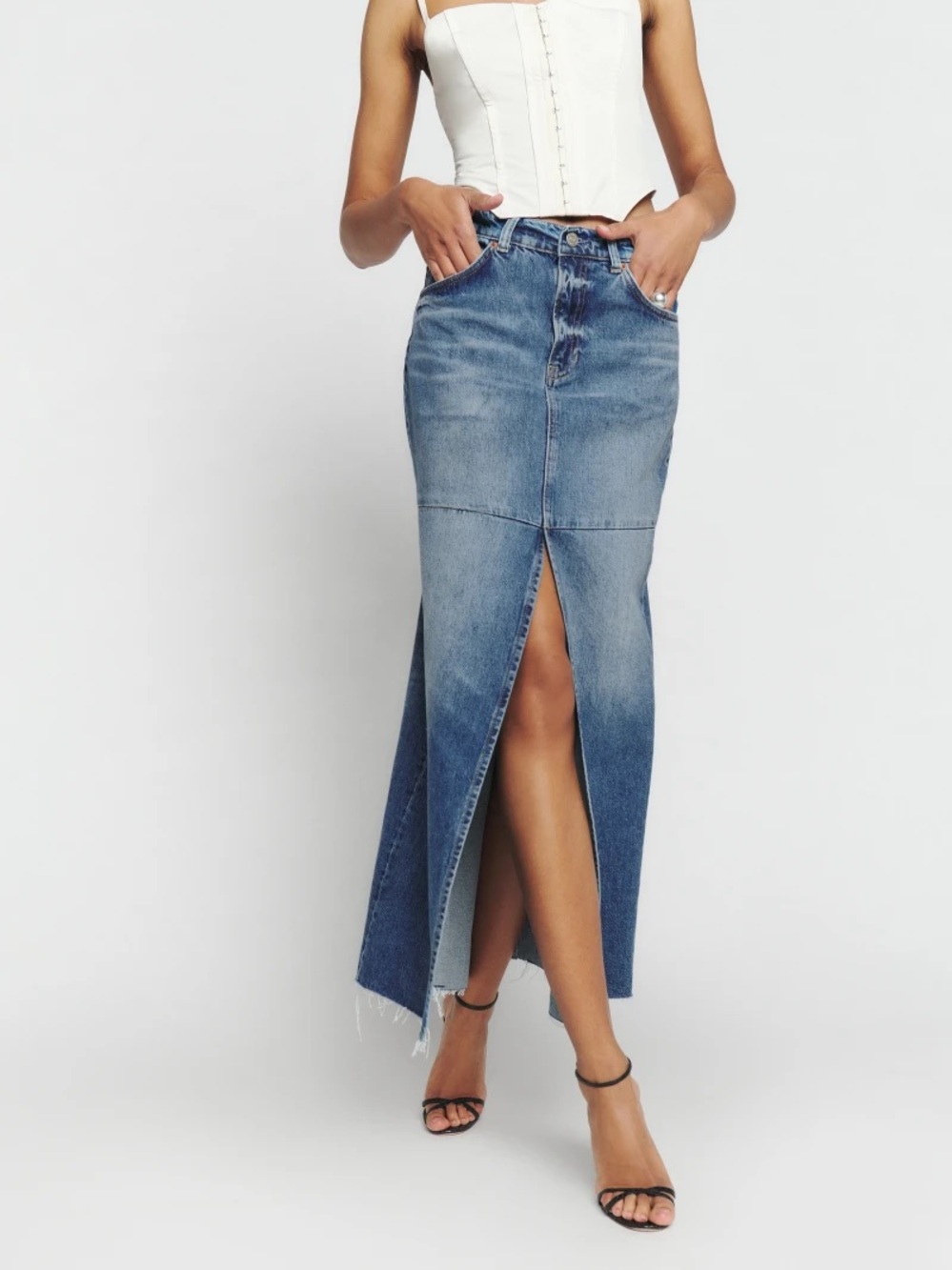 Reformation High-Slit Denim Maxi Skirt in Blue